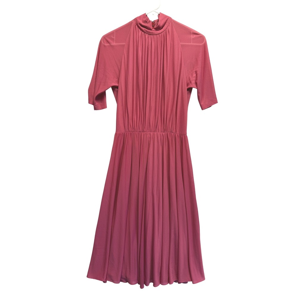 Jesper Nyeboe 1980s Dress Vintage Mock Neck Ruched Pleated Midi Mauve Pink Women